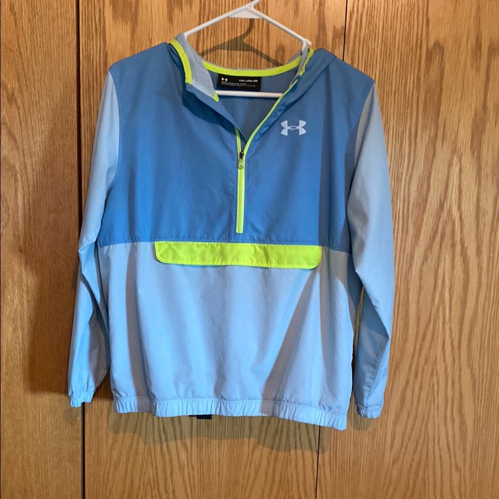 Under Armour Light Blue and Neon Yellow Pullover. Size Youth XL. Loose fit.